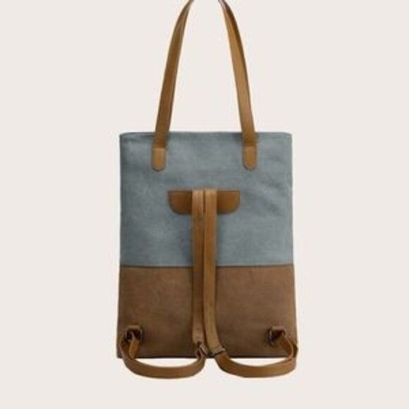 New Boho Canvas grey tan color block vegan leather mini backpack - Picture 8 of 11